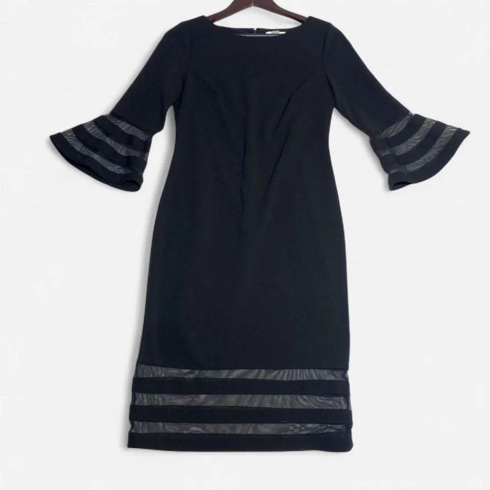 Calvin Klein Bell Sleeve Sheath Dress 6 Black Sheer Accents LBD Professional - Picture 1 of 13